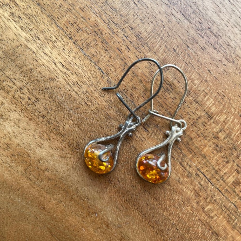 Boho Amber drop earrings set in silver